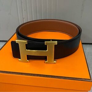 Hermes Black and Brown Belt with Gold Buckle SZ 90